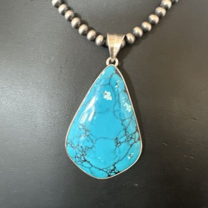 Men's Navajo Blue Spiderweb Turquoise Pendant Necklace | Sterling Silver | Authentic Native American Handmade | 16207