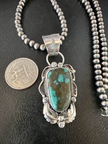 Navajo Blue Spiderweb Turquoise Pendant Necklace | Sterling Silver Pearls | Authentic Native American Handmade | 15095 - Masha USA