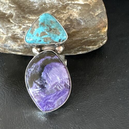 Navajo Blue Turquoise Purple Charoite Ring | Authentic Native American Sterling Silver | Multi-Stone | Sz 8 | 15916