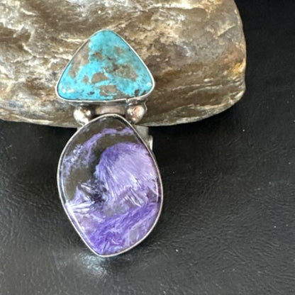 Navajo Blue Turquoise Purple Charoite Ring | Authentic Native American Sterling Silver | Multi-Stone | Sz 8 | 15916