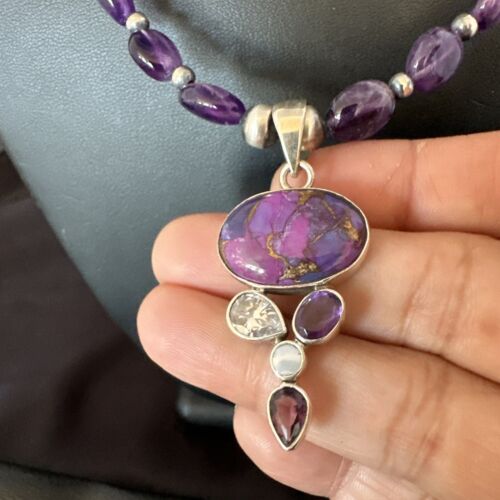 Mojave Turquoise Amethyst Pendant Necklace | Navajo Pearls | Sterling Silver | Native American Handmade | 16097