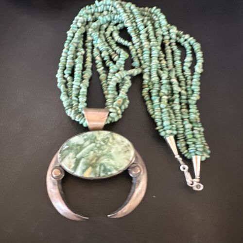 Navajo Green Turquoise Chrysoprase Naja Pendant Necklace | Sterling Silver | Authentic Native American Handmade | 16064