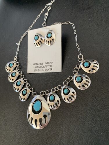 Navajo Blue Turquoise Bear Paw Shadow Box Necklace & Earring Set | Sterling Silver | Authentic Native American Handmade | 17466