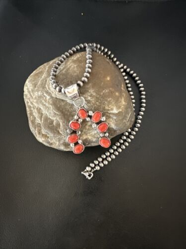 Navajo Horseshoe Naja Red Coral Pendant Necklace | Sterling Silver | Authentic Native American Handmade | 15754