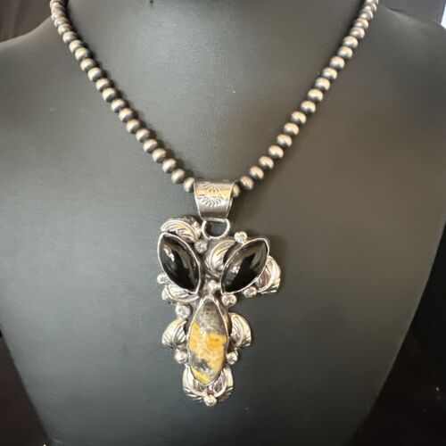 Men's Navajo Pearls Onyx Bumblebee Jasper Pendant | Sterling Silver | Multi-Stone Necklace | 15415