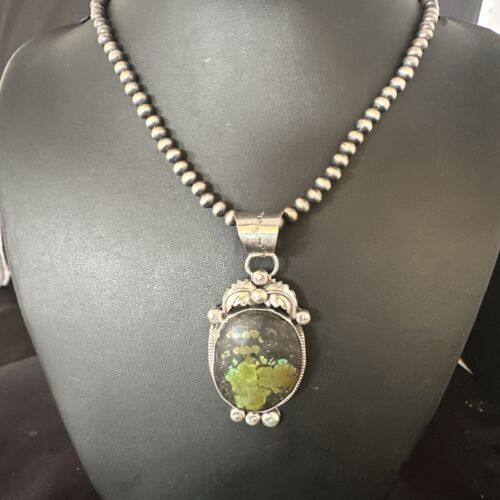 Navajo Green Turquoise Pendant Necklace | Sterling Silver | Authentic Native American Handmade | 15039