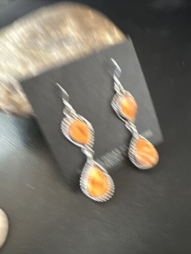 Navajo Orange Spiny Oyster Dangle Earrings | Sterling Silver | 1.5" | Authentic Native American Handmade | 16574