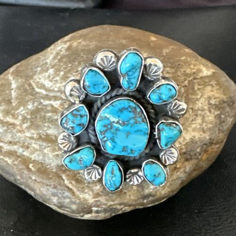 Cluster Kingman Turquoise Navajo Sterling Silver Ring Sz 9.5 17422