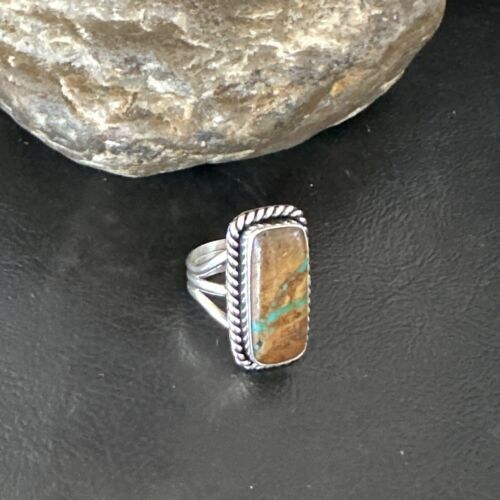 Navajo Ribbon Boulder Green Turquoise Ring | Sterling Silver | Sz 8 | Authentic Native American Handmade | 16384