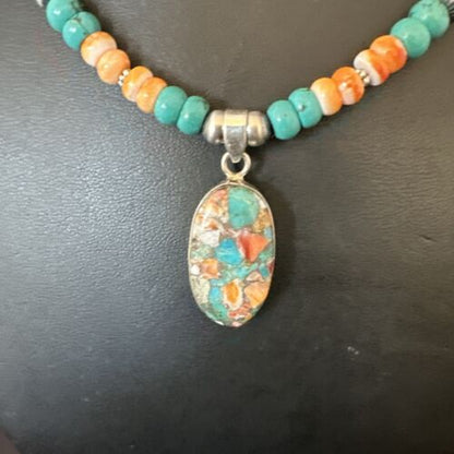 Navajo Spiny Turquoise Pendant Necklace | Sterling Silver | 22" | Authentic Native American Handmade | 17429