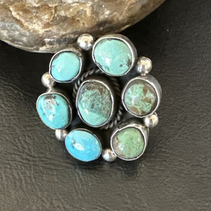 Navajo Blue Turquoise Cluster Ring | Authentic Native American Sterling Silver | Multi-Stone | Sz 9 | 17645