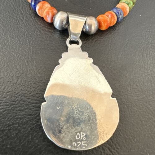 Navajo Spiny Oyster Turquoise Lapis Inlay Pendant Necklace | Sterling Silver | 21" | Authentic Native American Handmade | 16627
