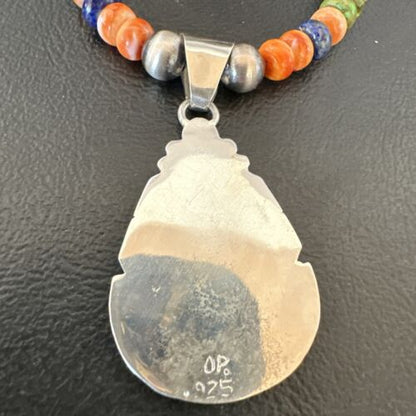 Navajo Spiny Oyster Turquoise Lapis Inlay Pendant Necklace | Sterling Silver | 21" | Authentic Native American Handmade | 16627