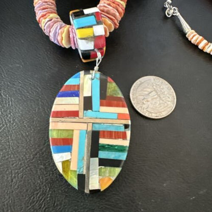 Santo Domingo Multi-Color Spiny Inlay Pendant Necklace | Sterling Silver | 32" | 16854