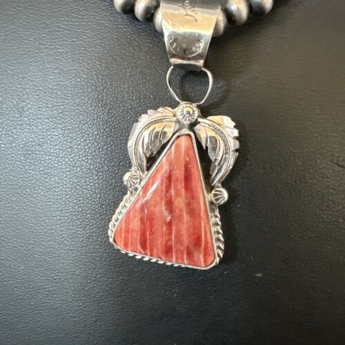Navajo Red Spiny Oyster Pendant Necklace | Sterling Silver | Authentic Native American Handmade | 16149