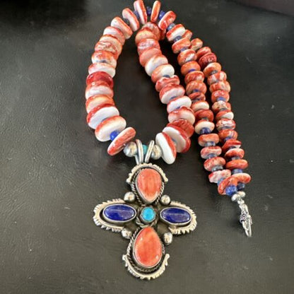 Navajo Red Spiny Oyster Lapis Pendant Necklace | Sterling Silver | Multi-Stone | 17668