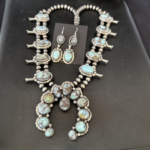 Navajo Blue Golden Hills Turquoise Squash Blossom Necklace & Earrings | Sterling Silver | 17210