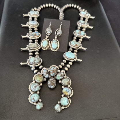 Navajo Blue Golden Hills Turquoise Squash Blossom Necklace & Earrings | Sterling Silver | 17210