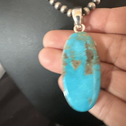 Navajo Blue Kingman Turquoise Pendant Necklace | Sterling Silver | 20" | Authentic Native American Handmade | 16693
