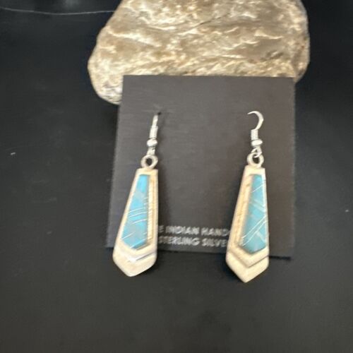 Navajo Blue Turquoise Inlay Earrings | Sterling Silver | Authentic Native American Handmade | 15269