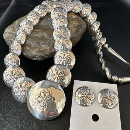 Navajo Pearls Sterling Silver Graduated Pillow Bead Necklace & Earrings Set | Authentic Native American Handmade | 15237