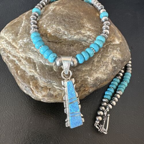 Navajo Men's Blue Turquoise Opal Pendant Necklace | Sterling Silver | 16039