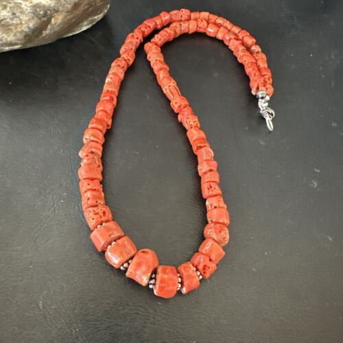 Navajo Graduated Red Coral Bead Necklace | Sterling Silver | 20" | Authentic Native American Handmade | 17375
