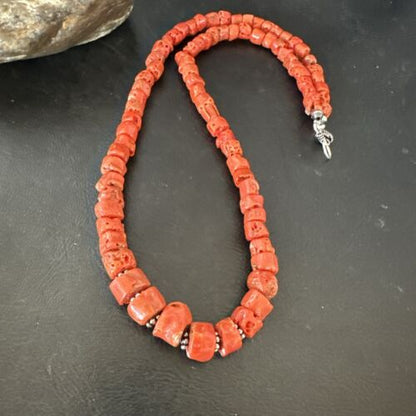 Navajo Graduated Red Coral Bead Necklace | Sterling Silver | 20" | Authentic Native American Handmade | 17375