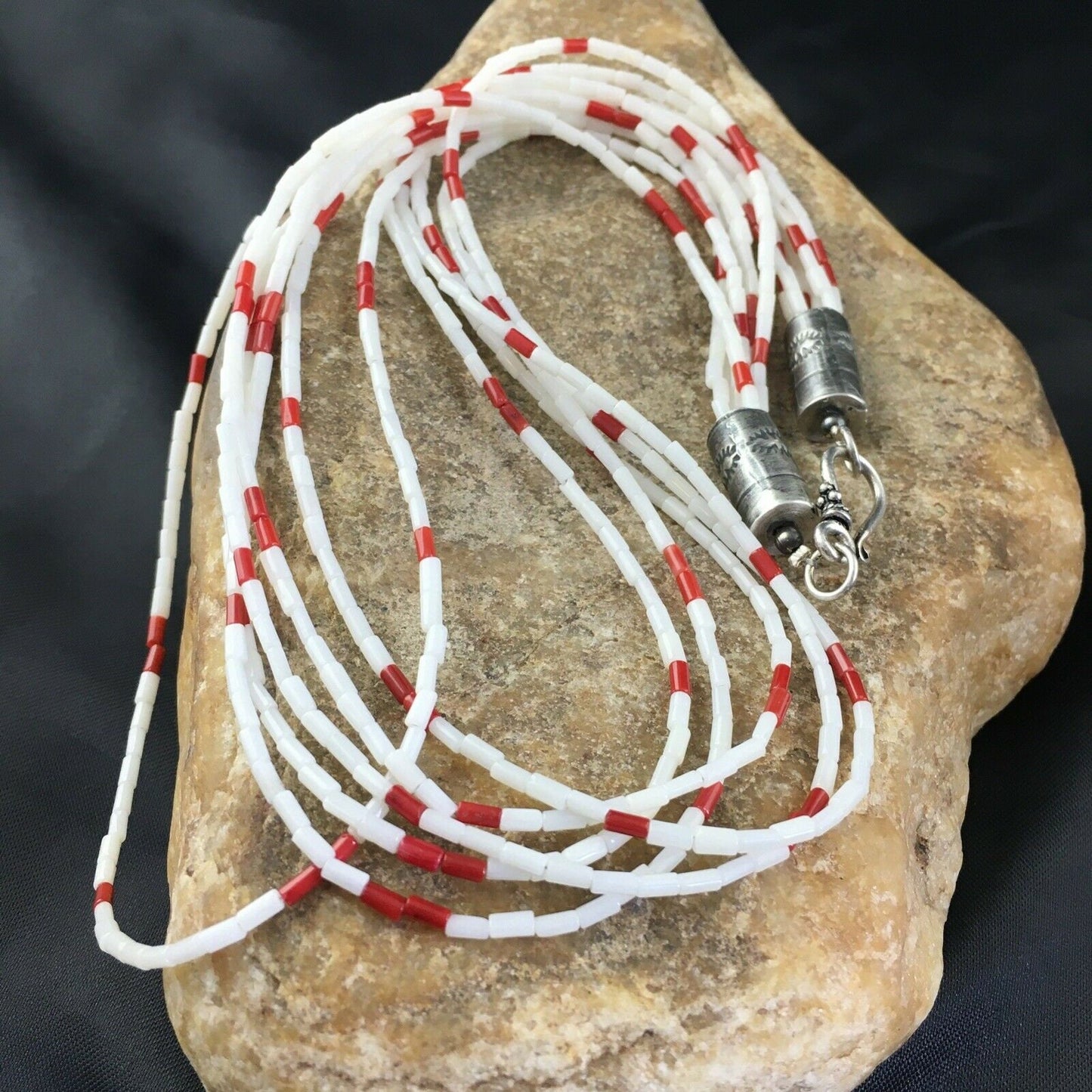 Men's Navajo Red White Coral Heishi Necklace | Sterling Silver | 6 Strand | 18" | 10147