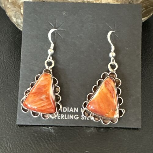 Navajo Orange Spiny Oyster Dangle Earrings | Sterling Silver | Authentic Native American Handmade | 17265