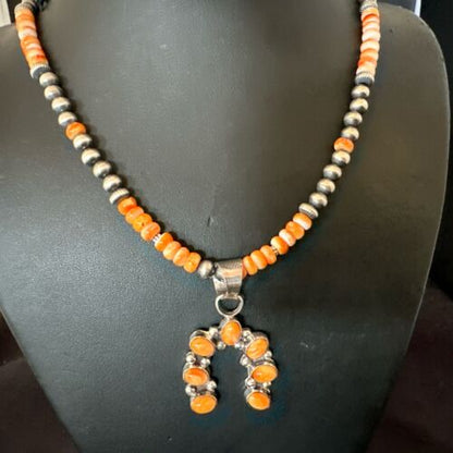 Navajo Orange Spiny Oyster Inlay Naja Pendant | Sterling Silver | Authentic Native American Handmade | 17428