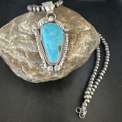 Navajo Kingman Turquoise Pendant Necklace | Sterling Silver | Native American Handmade | 15216 - Masha USA