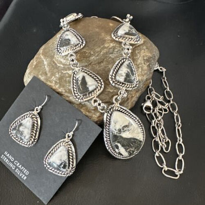 Navajo White Buffalo Turquoise Lariat Necklace | Sterling Silver Earrings | Authentic Native American Handmade | 16267