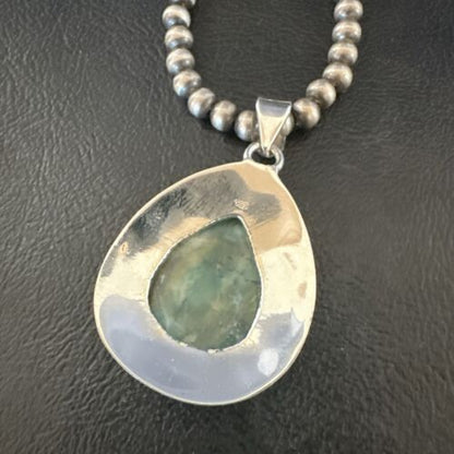 Navajo Blue Larimar Pendant Necklace | Sterling Silver Beads | Authentic Native American Handmade | 17563