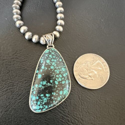 Men's Navajo Blue Spiderweb Turquoise Pendant Necklace | Sterling Silver | Authentic Native American Handmade | 16227