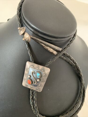 Navajo Turquoise Coral Bolo Tie | Sterling Silver | Authentic Native American Handmade | 02003 Bolo