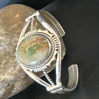 Navajo Green Boulder Turquoise Cuff Bracelet | Sterling Silver | Authentic Native American Handmade | 16245