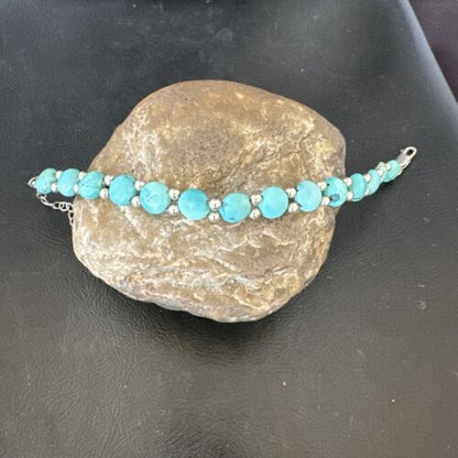 Women's Blue Turquoise Bead Bracelet | Southwestern Sterling Silver Link | 8" | 17233
