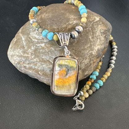 Men's BumbleBee Jasper Pendant Necklace | Navajo Pearls | Sterling Silver | Authentic Native American Handmade | 16882