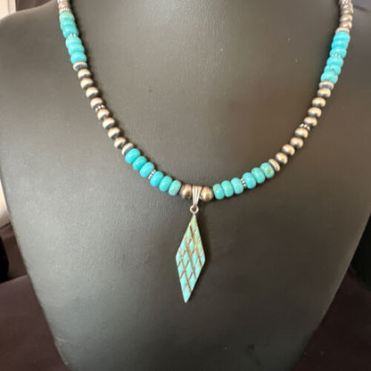 Navajo Blue Turquoise Inlay Pendant | Sterling Silver Necklace | Authentic Native American Handmade | 15421