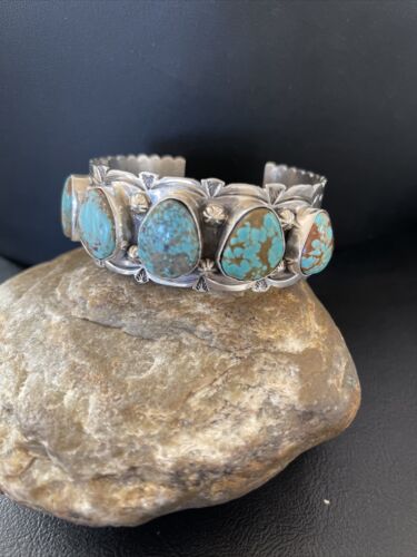 Navajo Blue #8 Turquoise Cuff Bracelet | Sterling Silver | 5 Stones | Authentic Native American Handmade | 1884