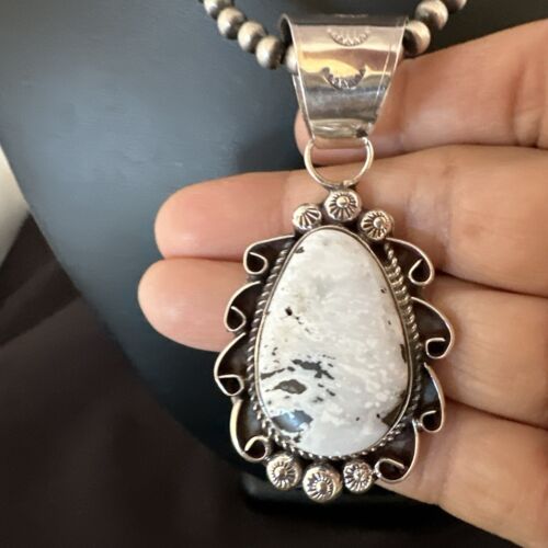 Men's White Buffalo Turquoise Pendant | Navajo Pearl Sterling Silver Necklace 21" | Handmade Jewelry | 17044