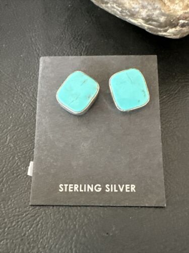 Navajo Blue Kingman Turquoise Post Stud Earrings | Sterling Silver | Authentic Native American Handmade | 17481