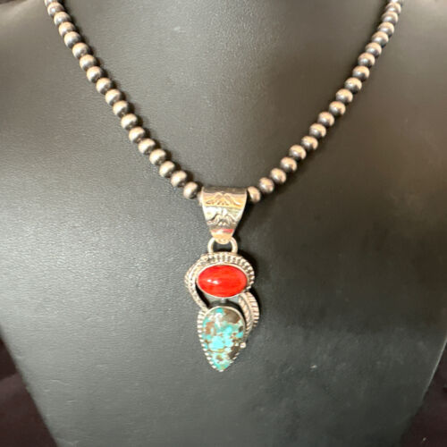 Navajo Blue Turquoise Red Spiny Oyster Pendant Necklace | Sterling Silver | Multi-Stone | 16290 - Masha USA