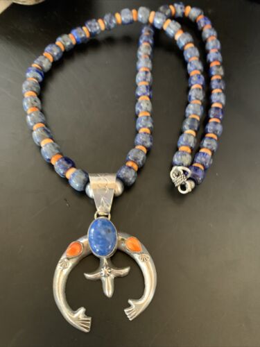 Navajo Blue Lapis Spiny Oyster Naja Pendant | Sterling Silver | Authentic Native American Handmade | 11491
