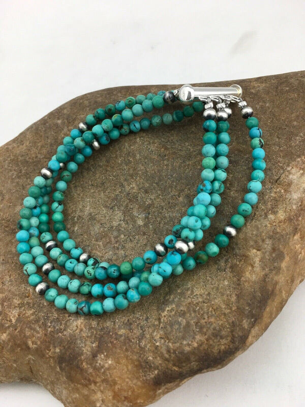 Native American Navajo Blue Turquoise Bracelet | Sterling Silver | 4 Strands | 1087