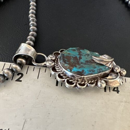 Navajo Blue Turquoise Pendant Necklace | Sterling Silver Pearls | Authentic Native American Handmade | 15644