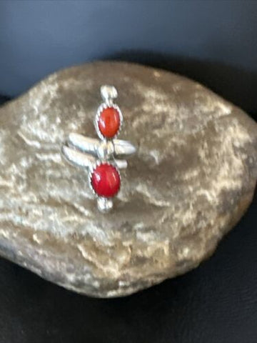 Red Coral Adjustable Ring Navajo Sterling Silver 2 Stone Size 6.5 15335