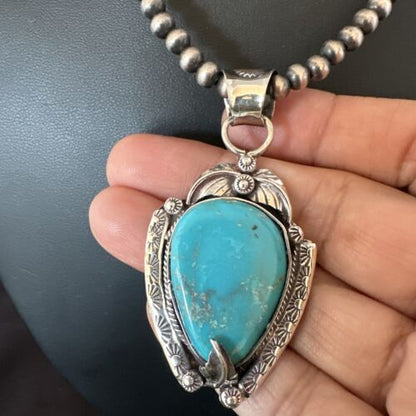 Navajo Blue Turquoise Pendant Necklace | Sterling Silver Pearls | Authentic Native American Handmade | 15646