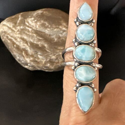 Navajo Women's Cluster Blue Larimar Ring | Authentic Native American Sterling Silver | Multi-Stone | Sz 7.5 | 16150